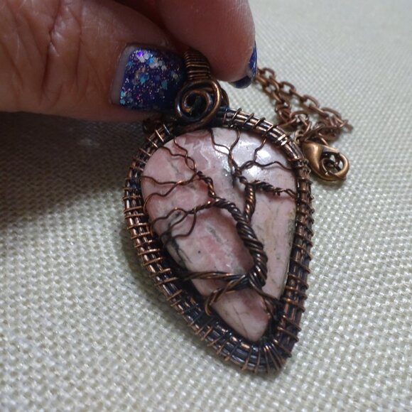 Rustic RHODOCHROSITE Handmade COPPER WIRE-WRAPPED Pendant/Chain #953B - Picture 2 of 3